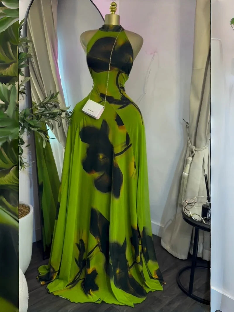 Sleeveless Mermaid Maxi Dress – Floral Print Floor-Length Evening Dress