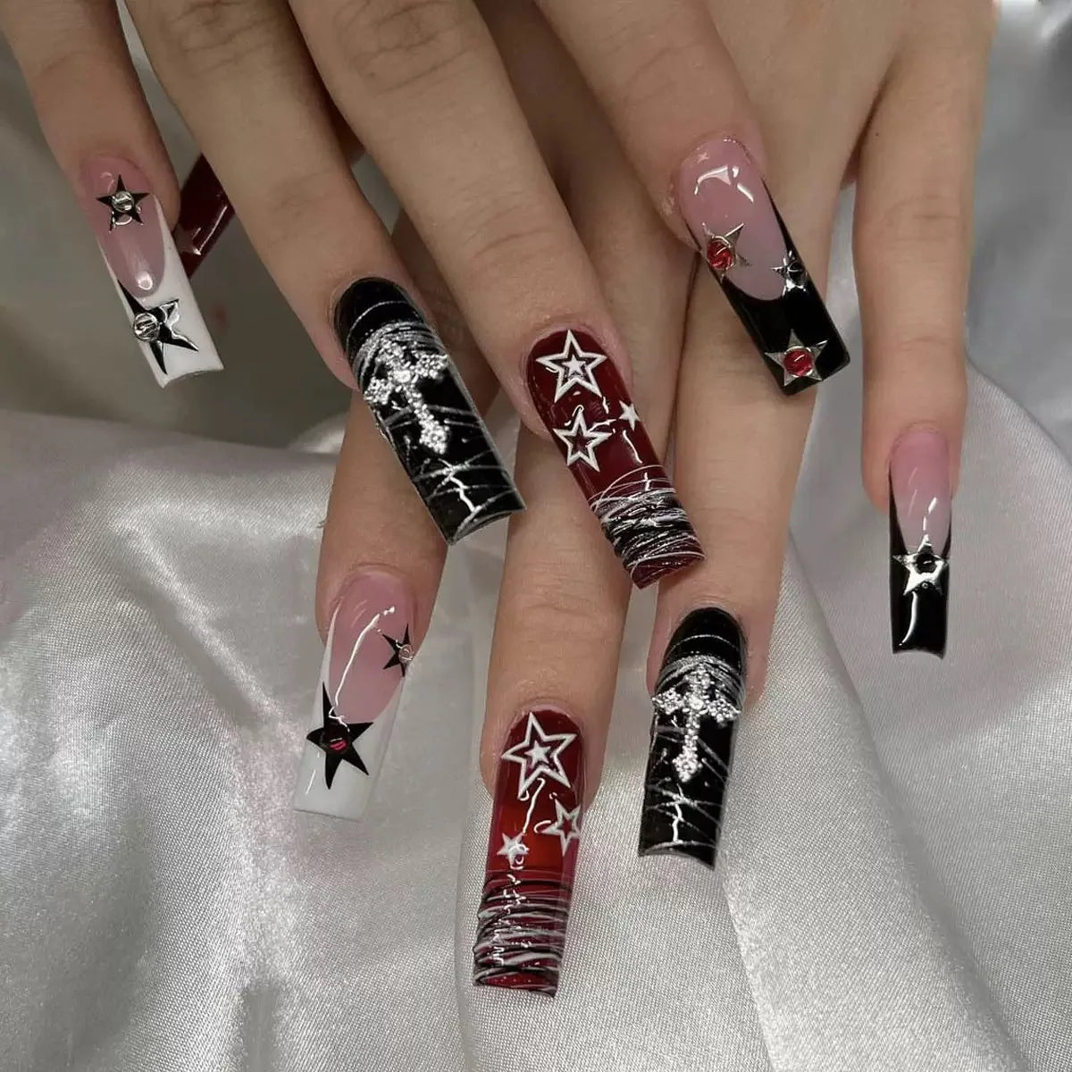 White French Diamond Flower Press-On Nails - Coffin Ballerina