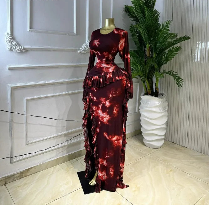 Tie-Dye Ruffle Bodycon Maxi Dress