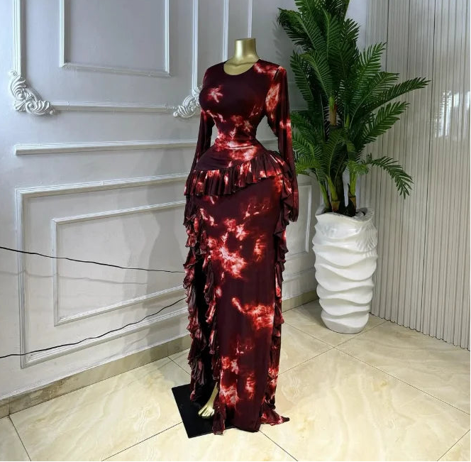 Tie-Dye Ruffle Bodycon Maxi Dress
