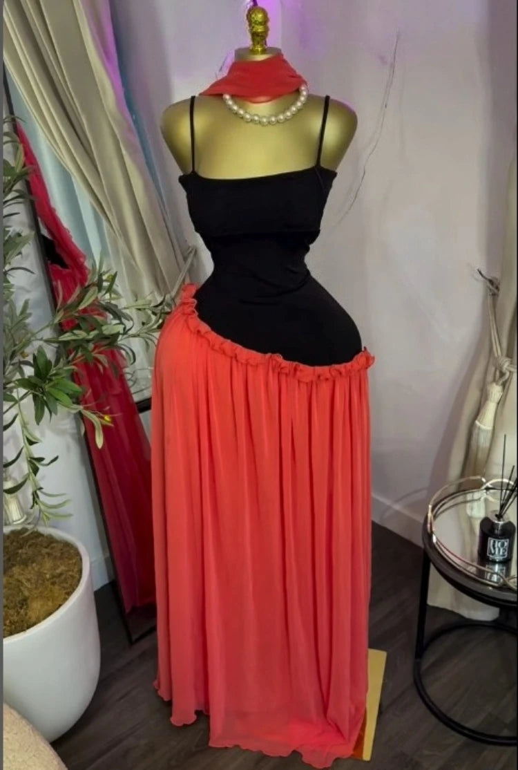 Patchwork Ruffle Strap A-Line Maxi Dress with Scarf