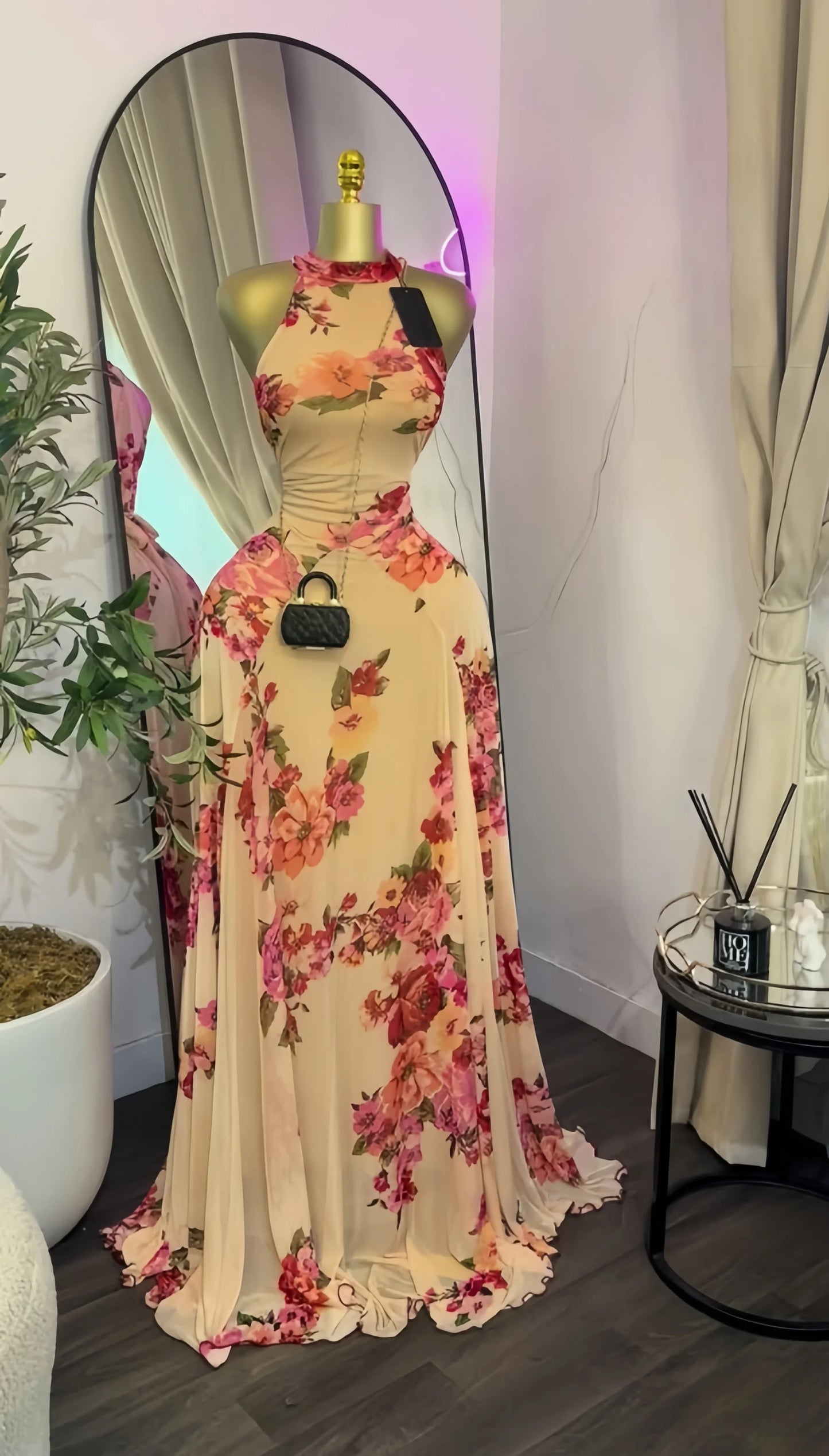 Sleeveless Mermaid Maxi Dress – Floral Print Floor-Length Evening Dress