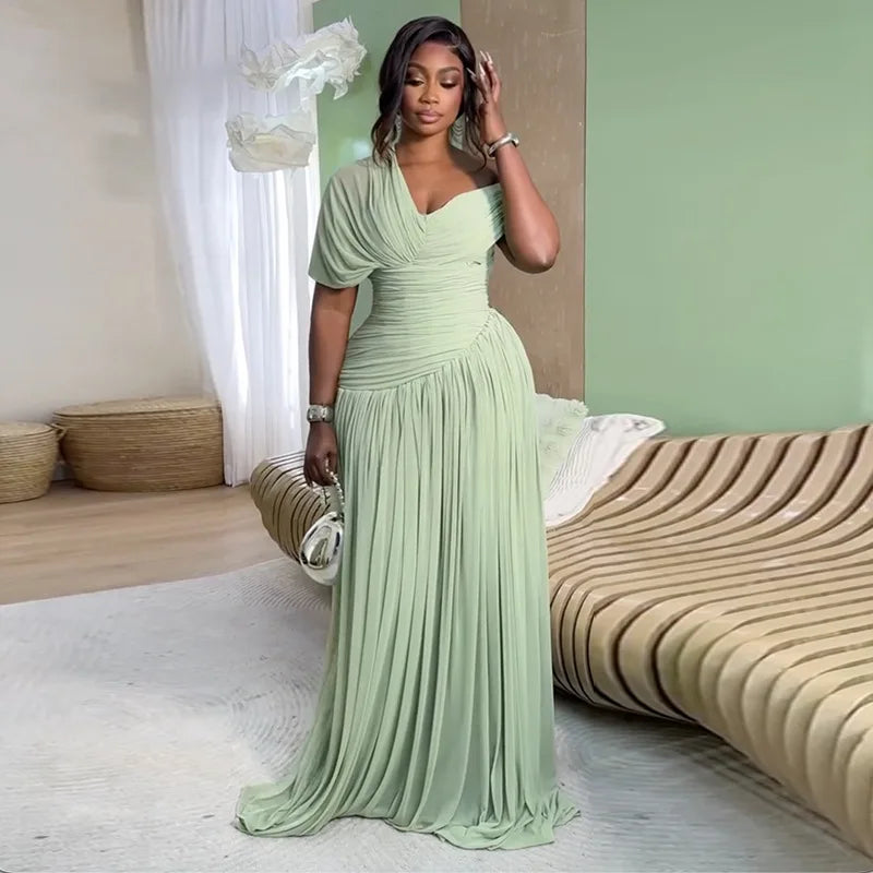 Sage Green One-Shoulder Ruched A-Line Maxi Dress