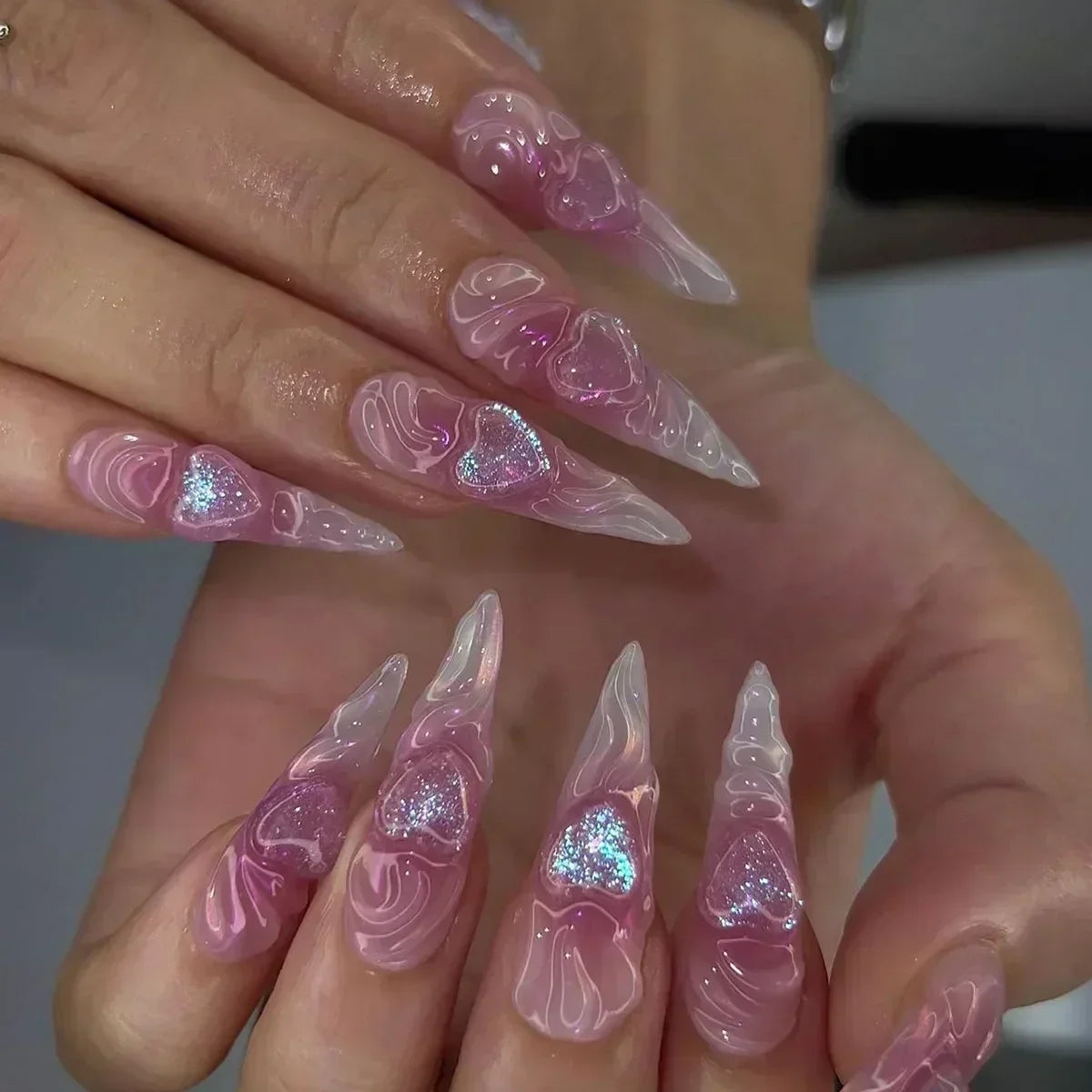3D Love Glitter Pink Almond Press-On Nails (24pcs)