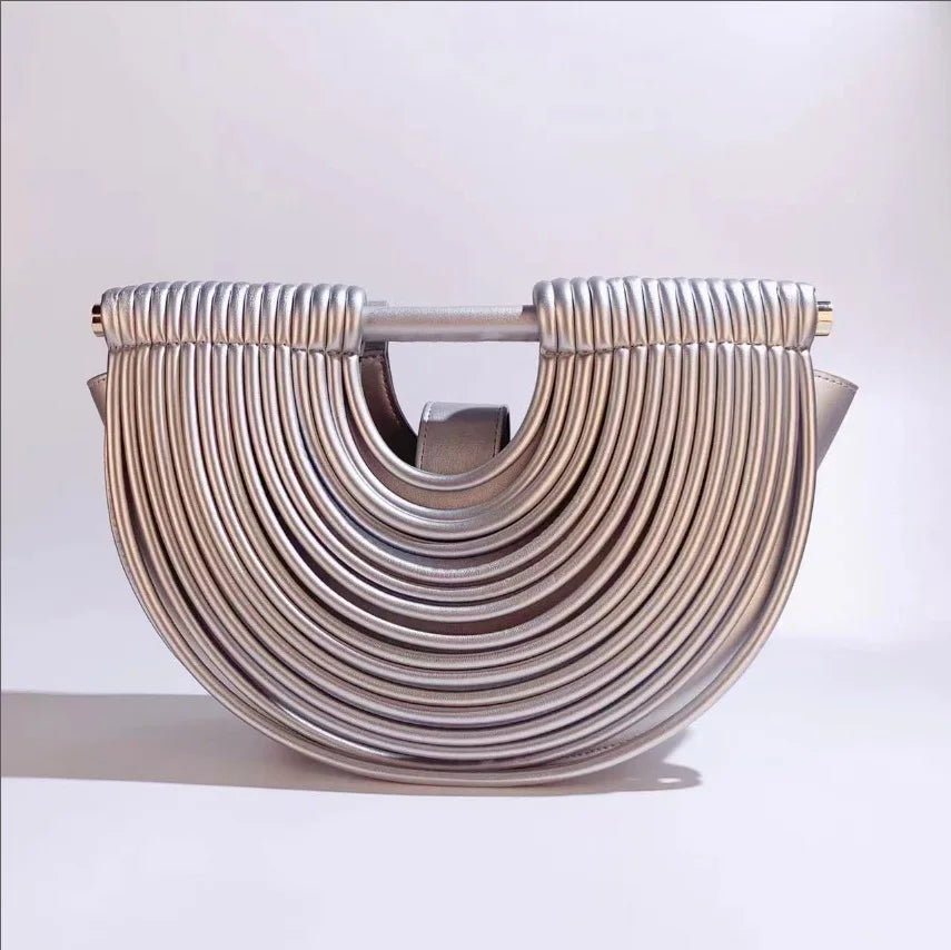 Gold Handwoven Noodle Hobo Bag – Luxury Half Round Evening Clutch