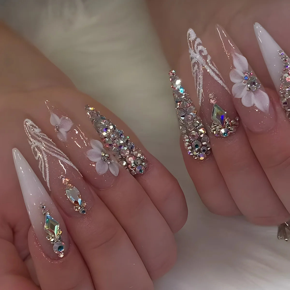 Nude Flower Rhinestone Stiletto Press-On Nails - Almond