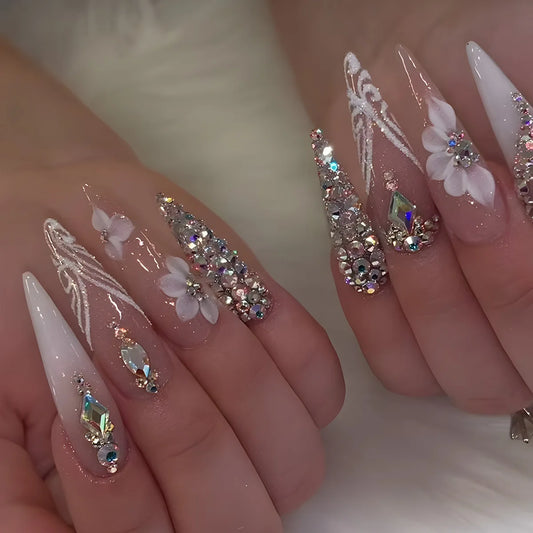 Nude Flower Rhinestone Stiletto Press-On Nails - Almond