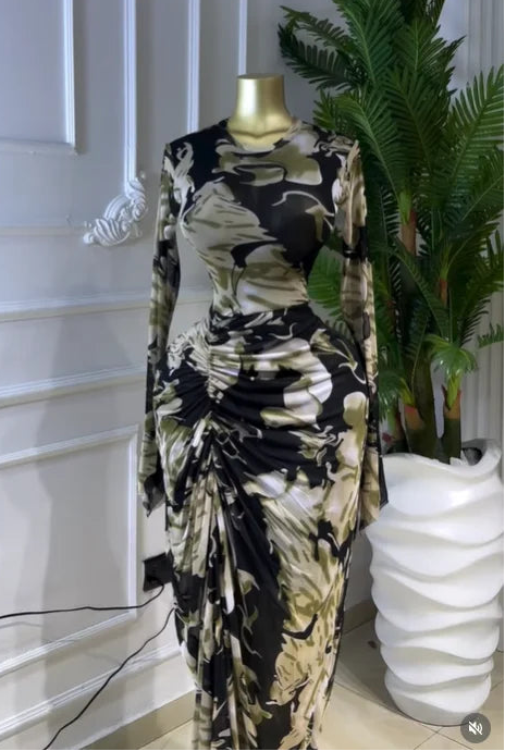 Abstract Print Ruched Stacked Maxi Dress