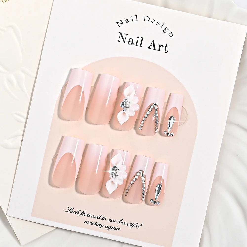 Butterfly Flower Rhinestone Press-On Nails - Coffin French