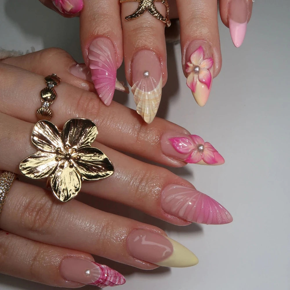 Retro Floral Gold Coffin Press-On Nails (24pcs)