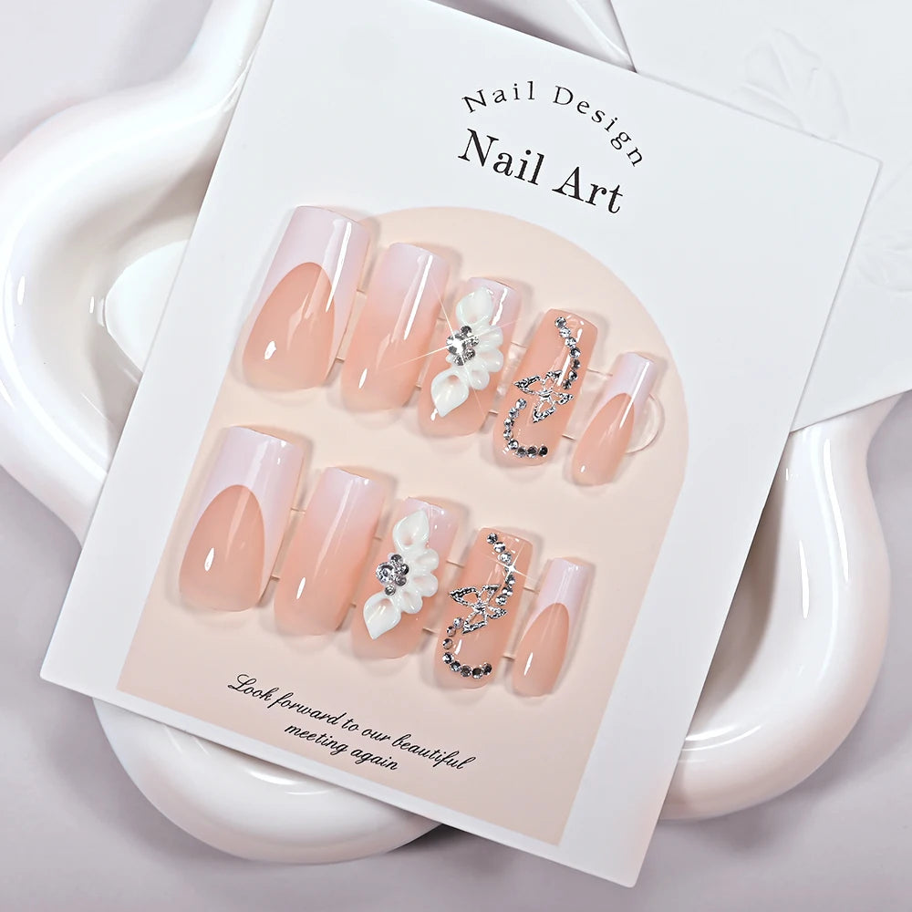 Butterfly Flower Rhinestone Press-On Nails - Coffin French