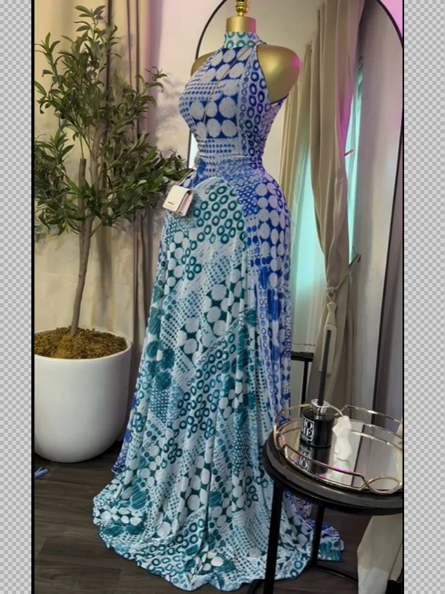 Sleeveless Mermaid Maxi Dress – Floral Print Floor-Length Evening Dress