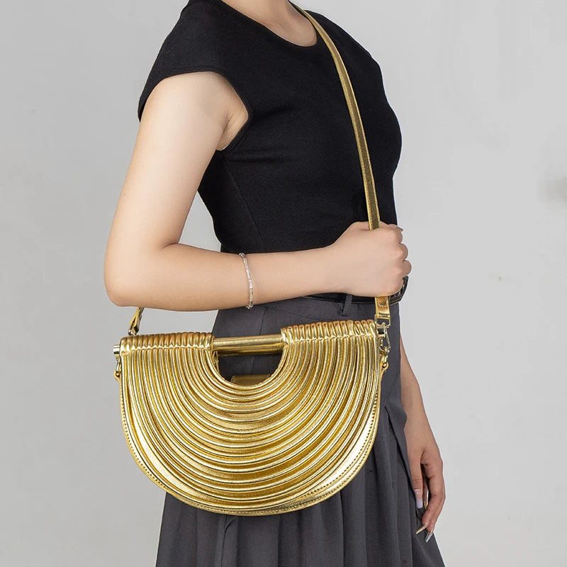 Gold Handwoven Noodle Hobo Bag – Luxury Half Round Evening Clutch