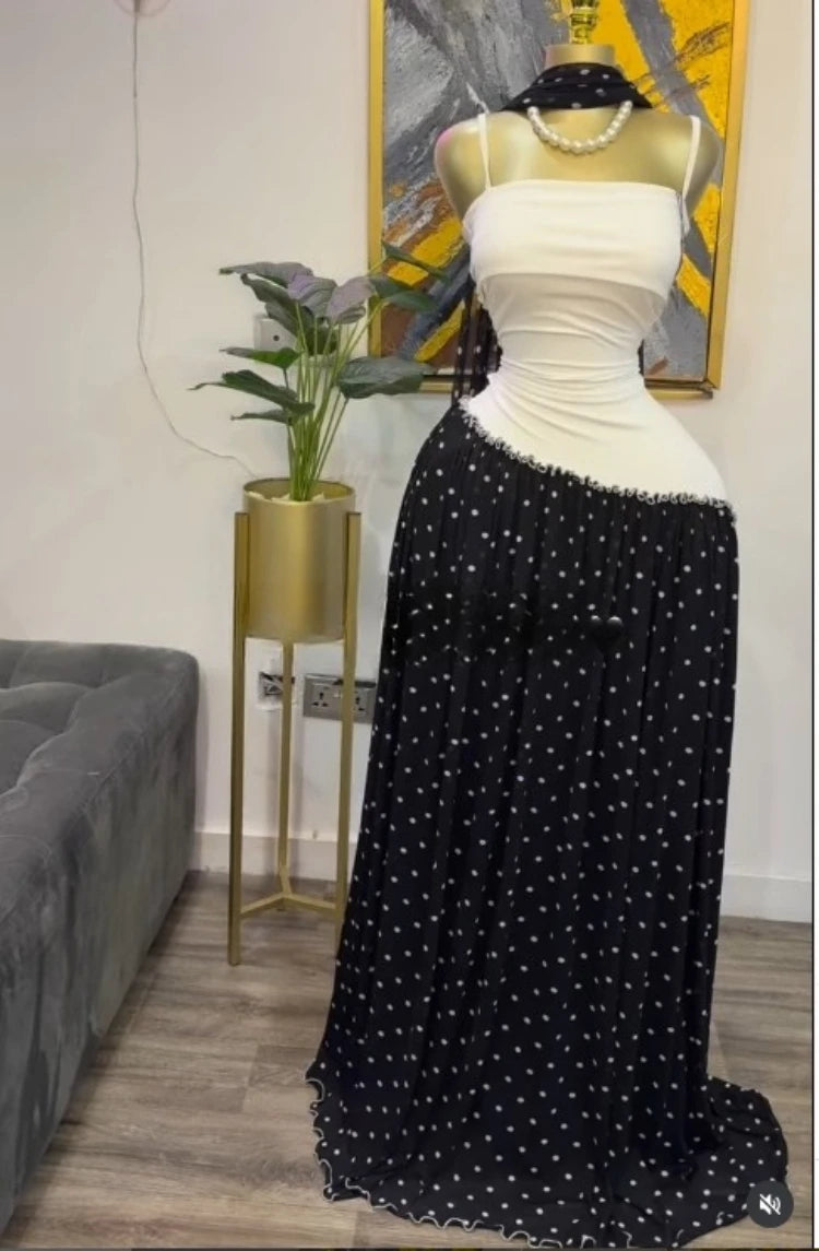 Patchwork Ruffle Strap A-Line Maxi Dress with Scarf