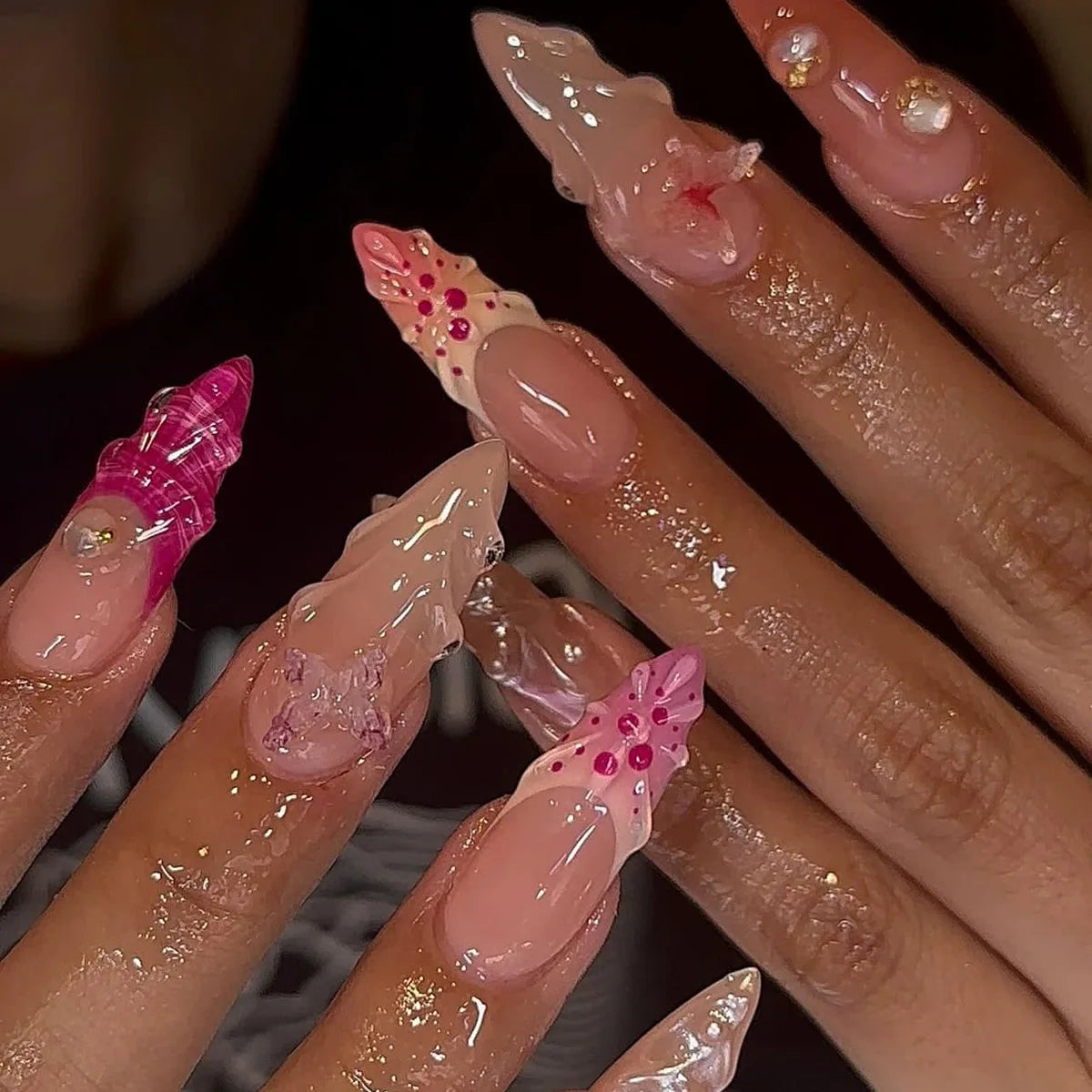 Nude Flower Rhinestone Stiletto Press-On Nails - Almond