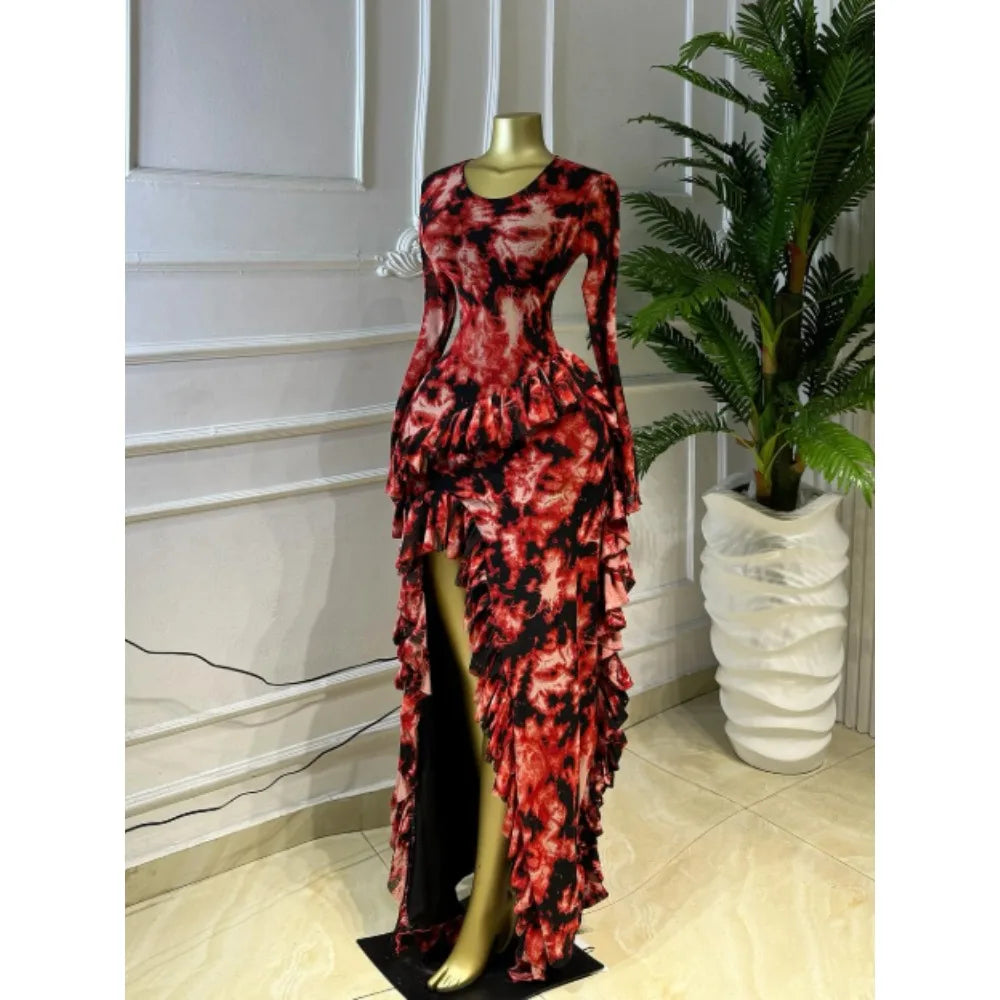 Tie-Dye Ruffle Bodycon Maxi Dress