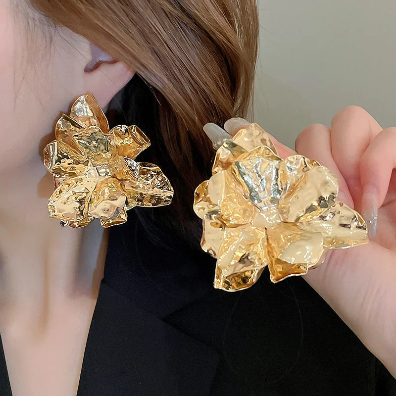 Metallic Folded Flower Drop Earrings