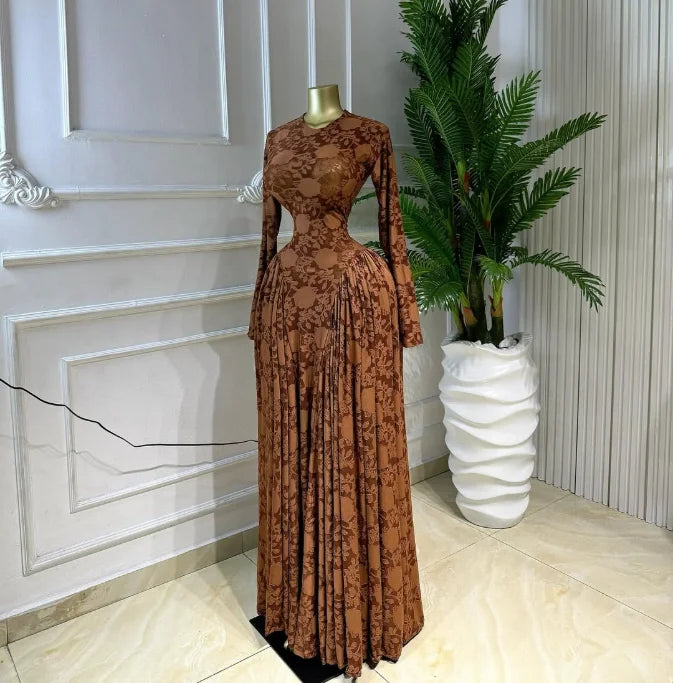 Velvet & Mesh Corseted Pleated A-Line Maxi Dress