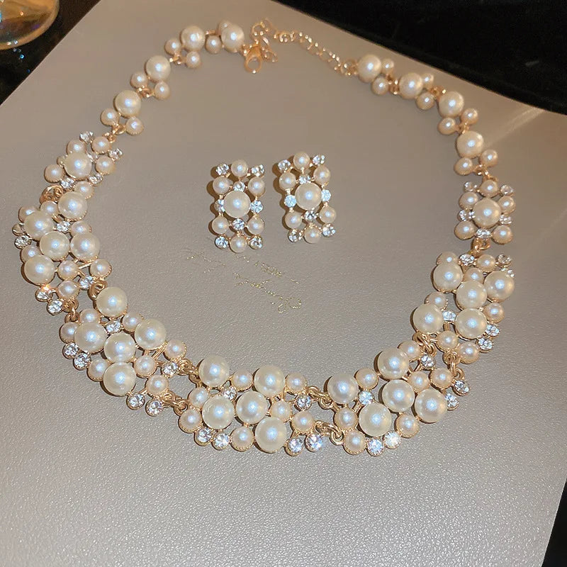 Pearl Rhinestone Choker Set – 3pcs Vintage Light Luxury Necklace & Earrings