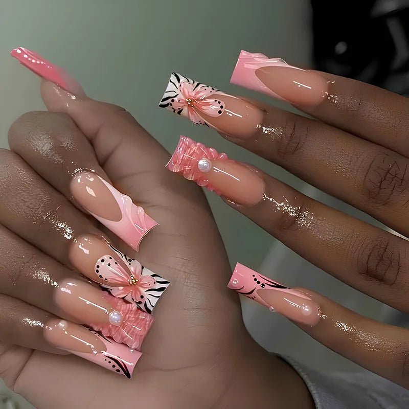 Pink Butterfly Glitter Press-On Nails - French Ballet