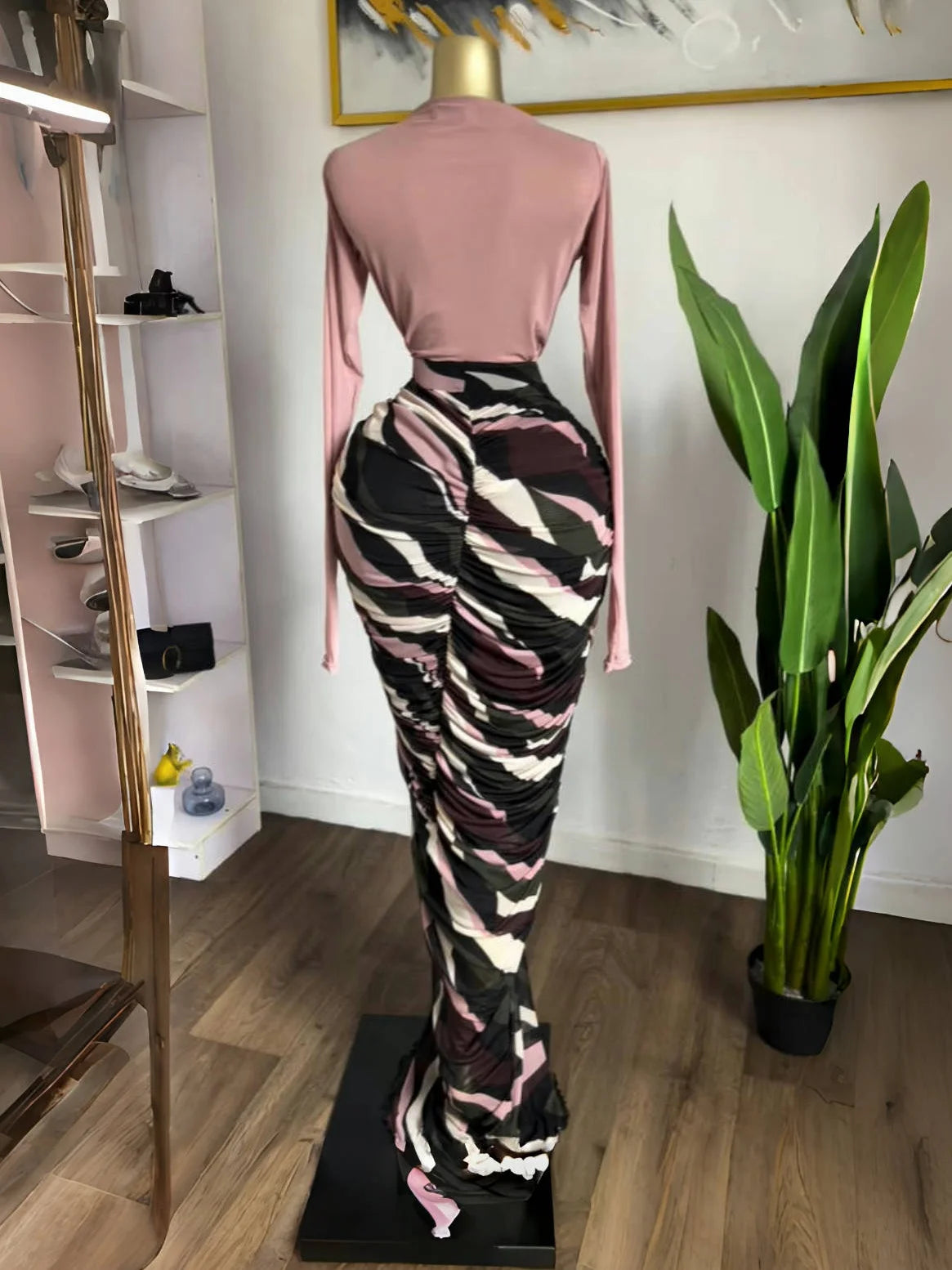 Tie Dye Patchwork Pleated Maxi Dress – Long Sleeve Bodycon Floor-Length Dress