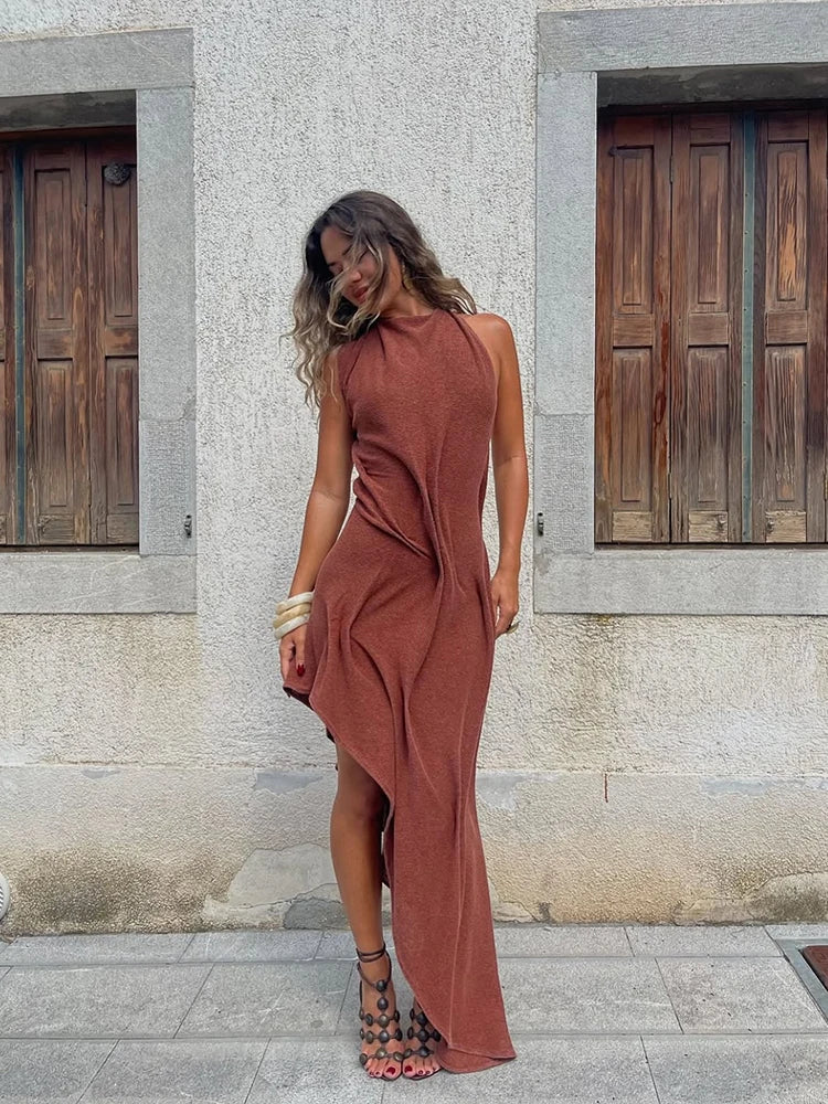 Soft Halter Ruched Asymmetrical Maxi Dress
