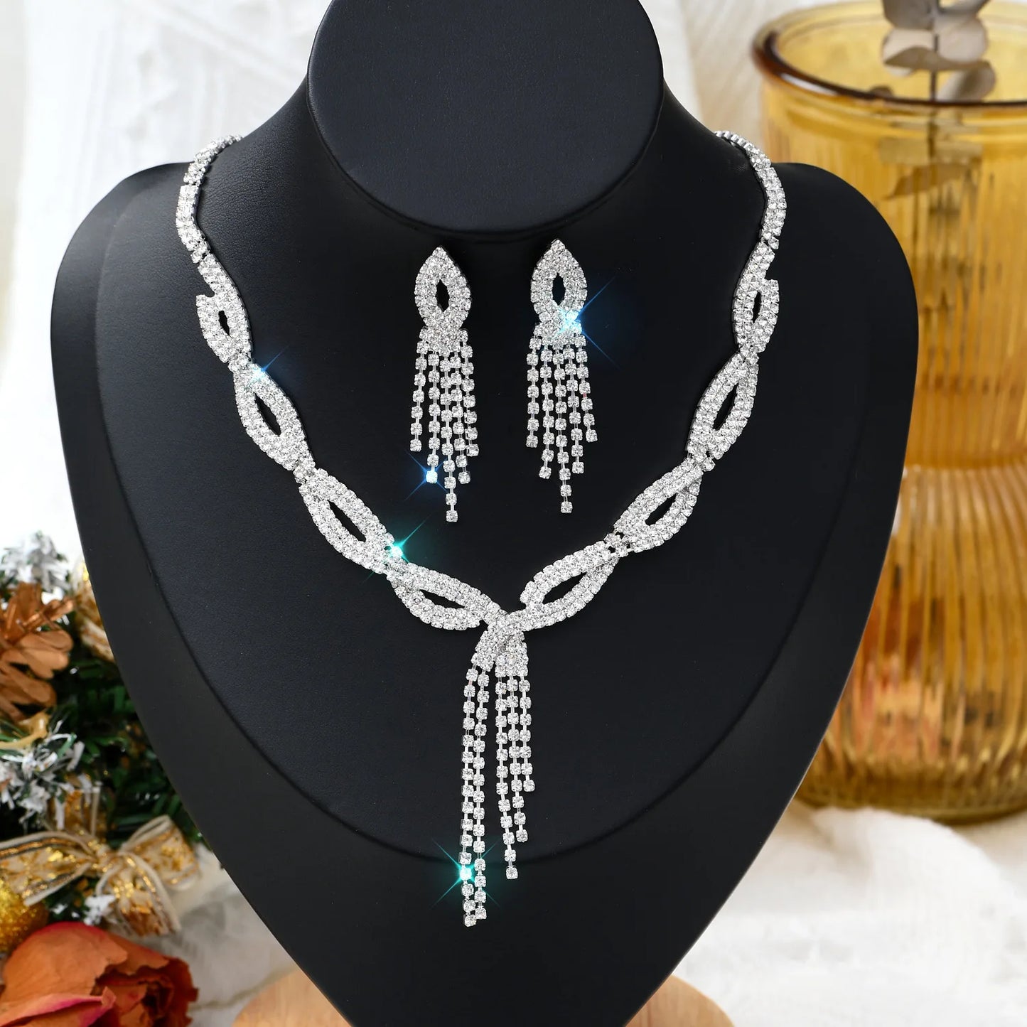 Rhinestone Claw Chain BBridal Set – Necklace & Earrings Wedding Jewellery