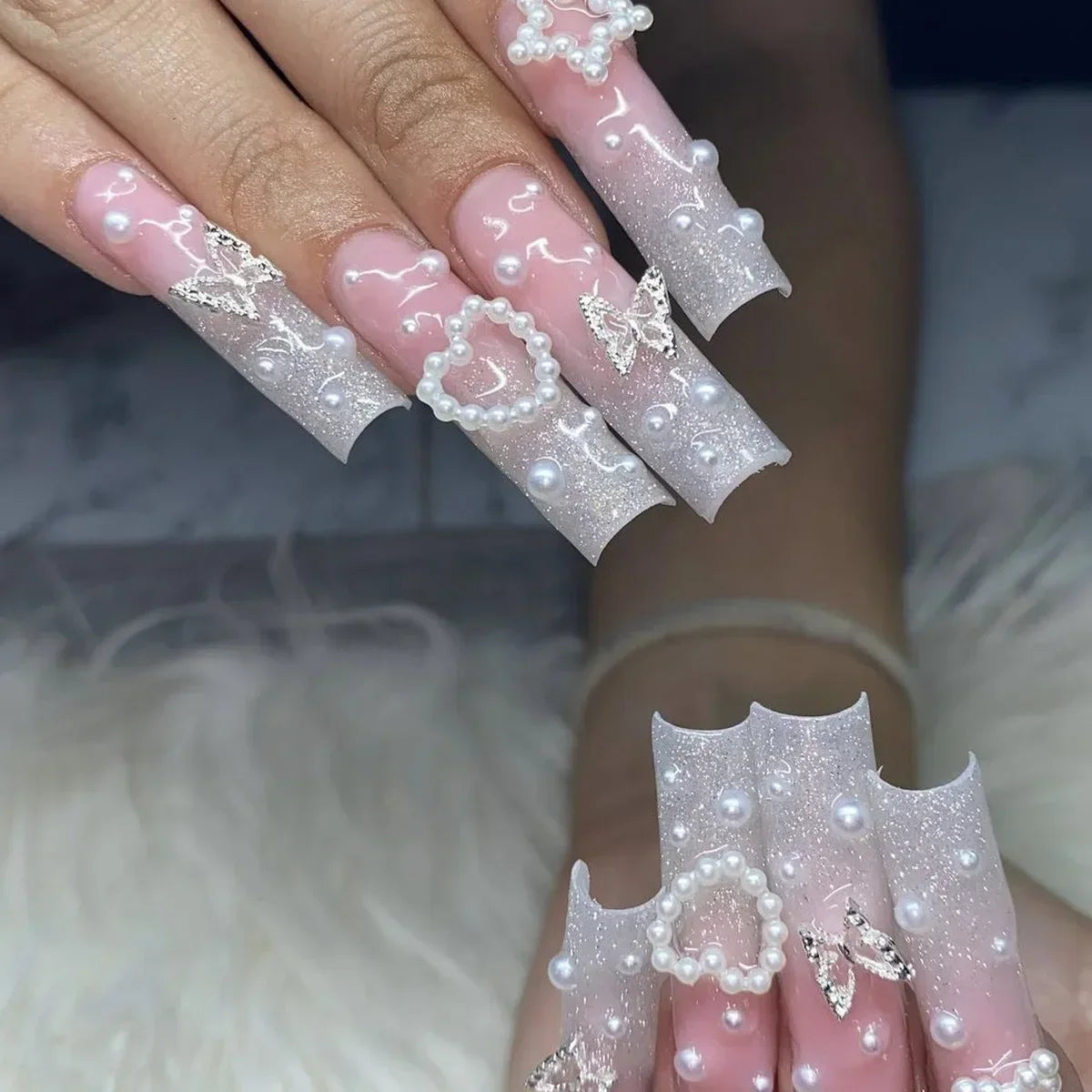 Diamond & Gold Butterfly Press-On Nails – 24pcs Long Elegant Acrylic