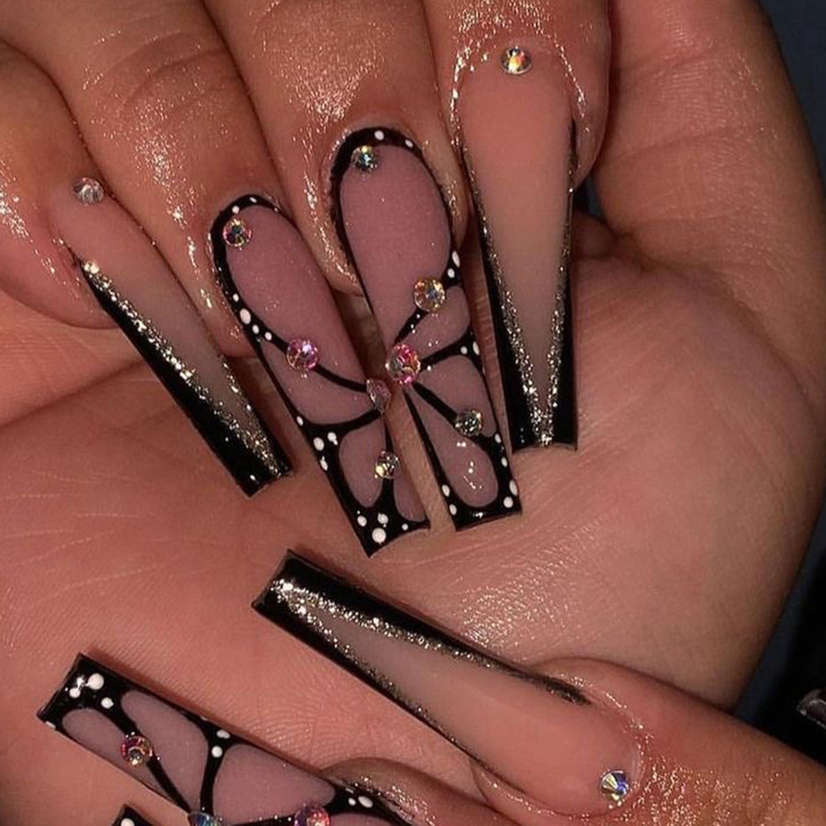 Pink Butterfly Glitter Press-On Nails - French Ballet