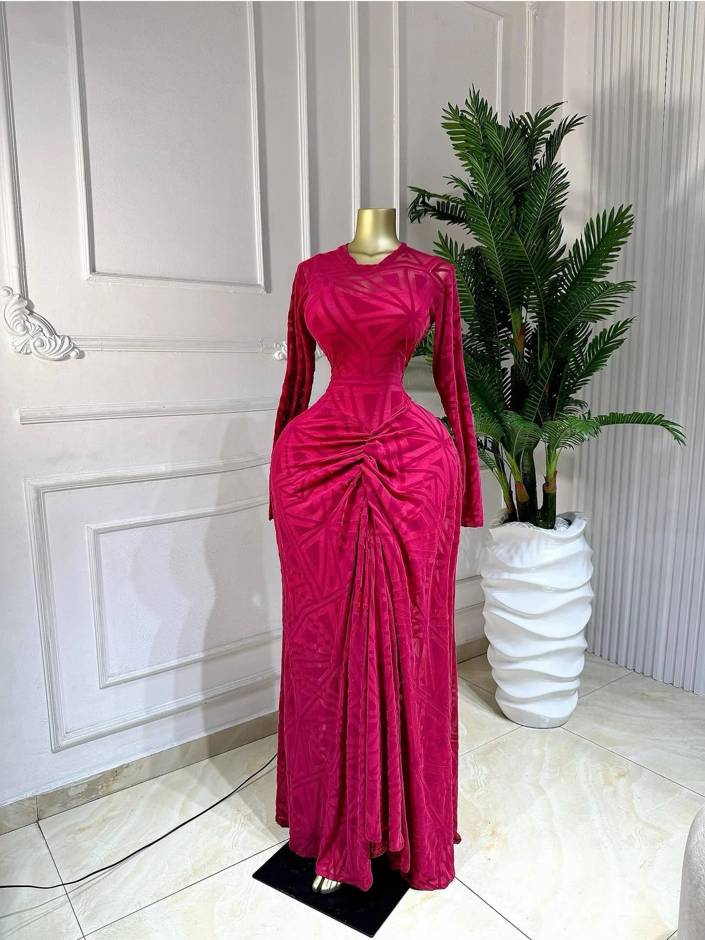 Mesh Print Ruched Stacked Maxi Dress