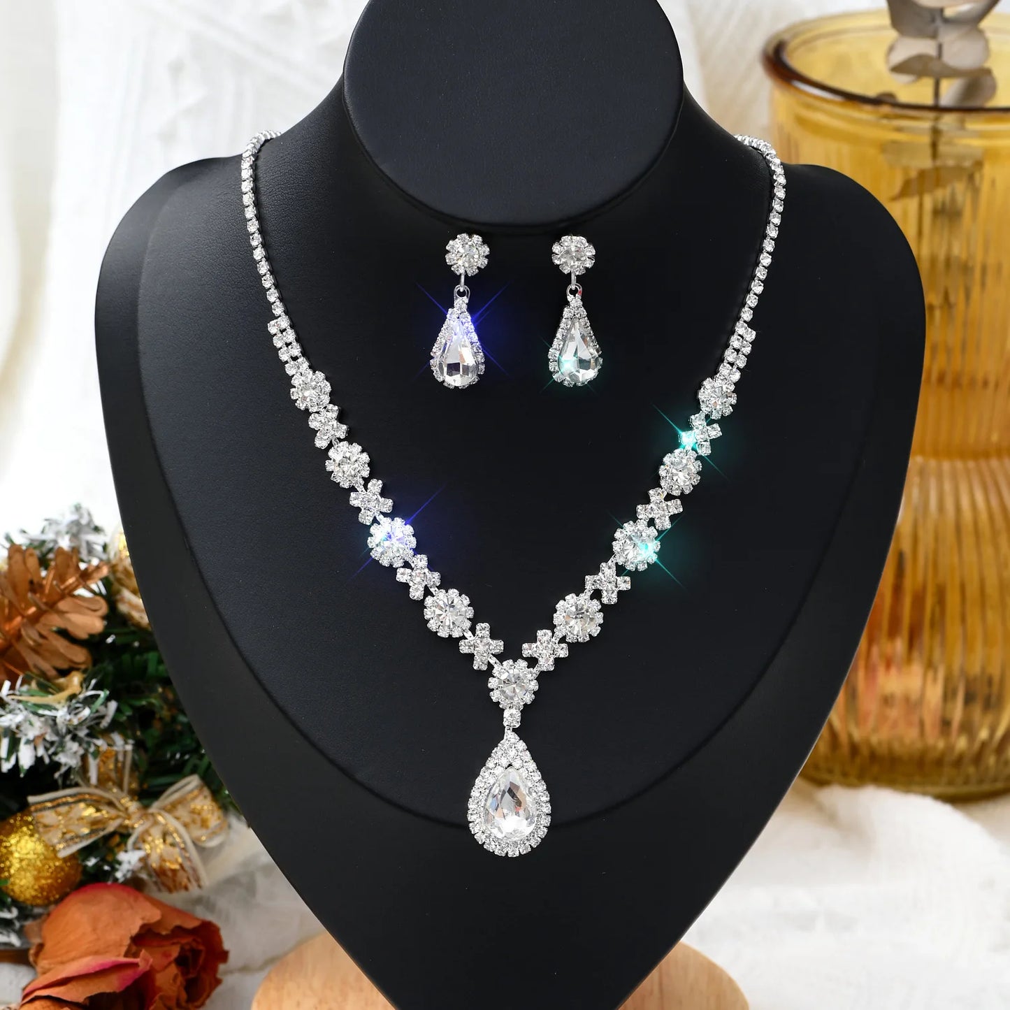 Rhinestone Claw Chain BBridal Set – Necklace & Earrings Wedding Jewellery