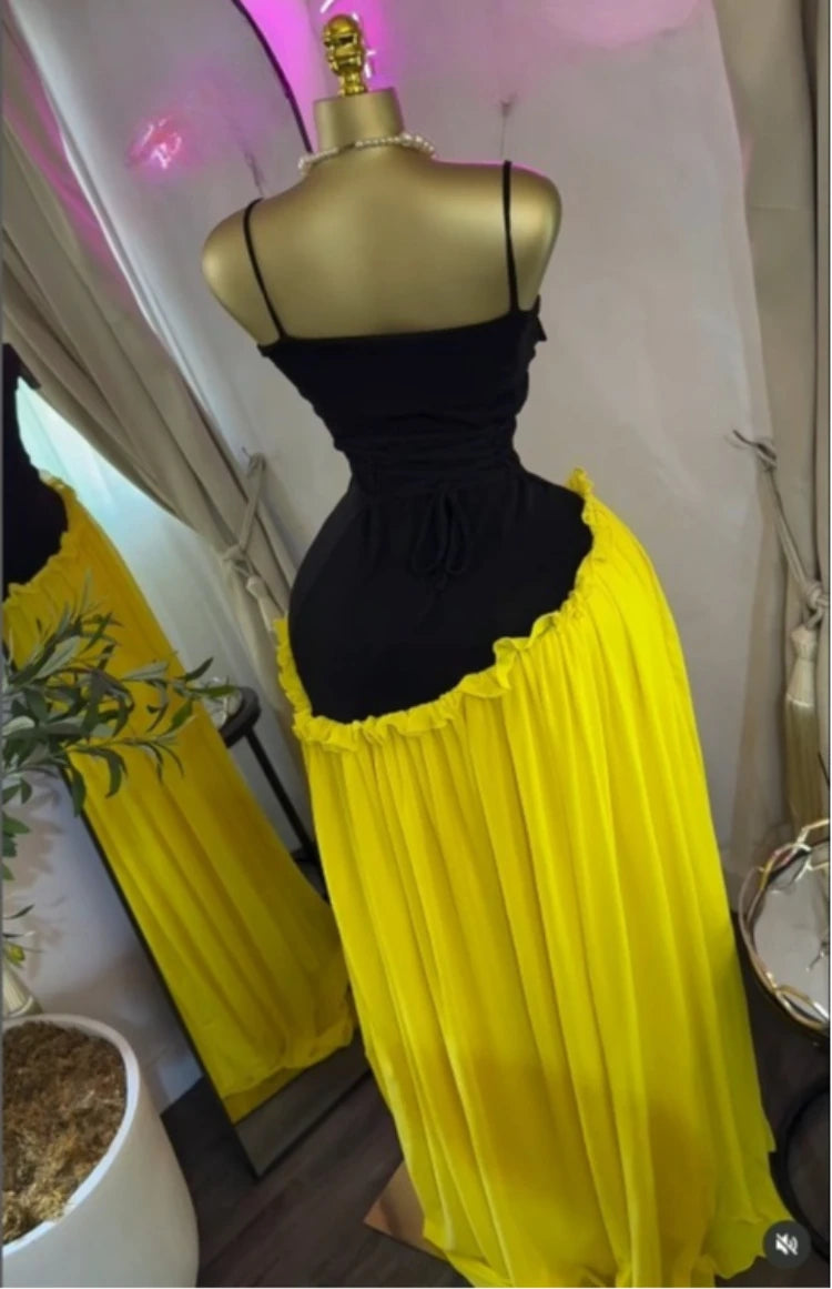 Patchwork Ruffle Strap A-Line Maxi Dress with Scarf