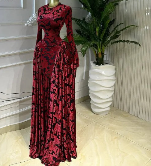 Velvet & Mesh Corseted Pleated A-Line Maxi Dress