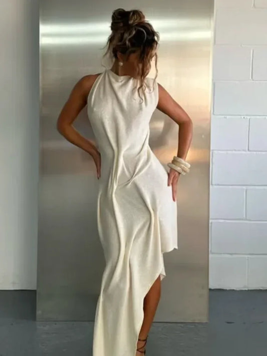 Soft Halter Ruched Asymmetrical Maxi Dress