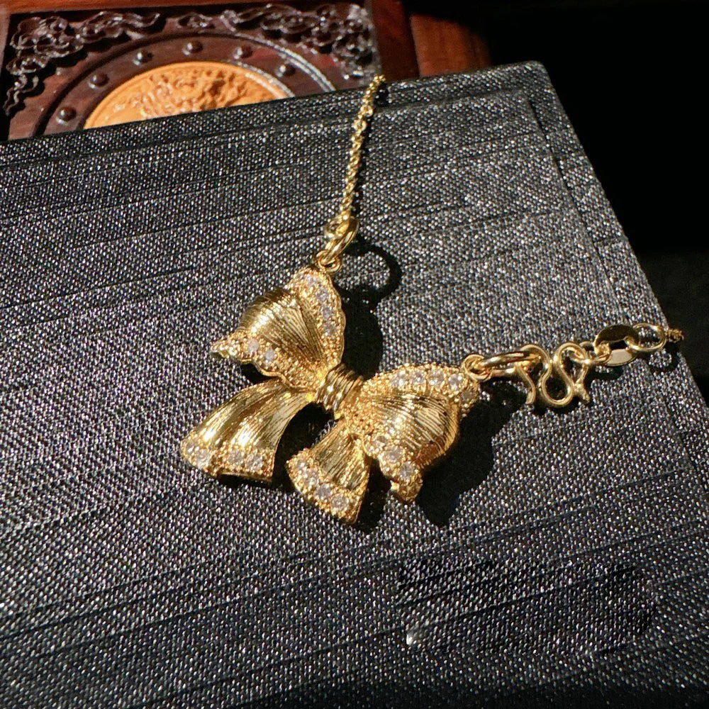 Luxe 18K Gold Bow Gemstone Necklace & Butterfly Zirconia Ring