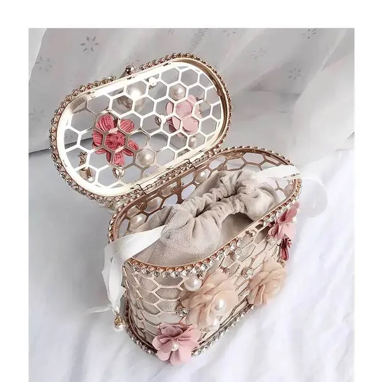 Luxe Pearl & Diamond Metallic Evening Bag