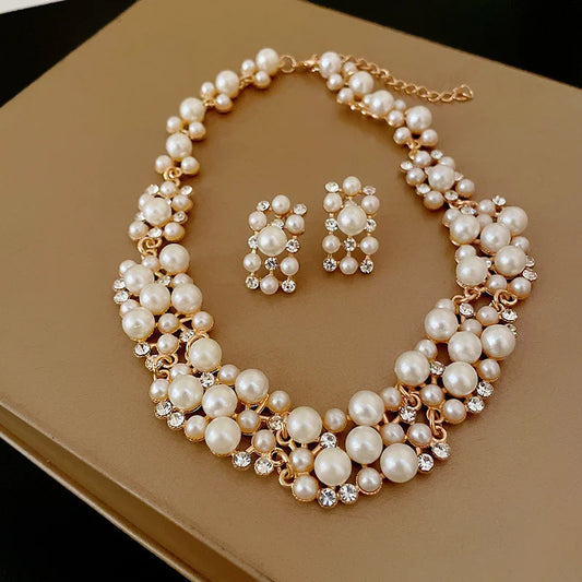 Pearl Rhinestone Choker Set – 3pcs Vintage Light Luxury Necklace & Earrings