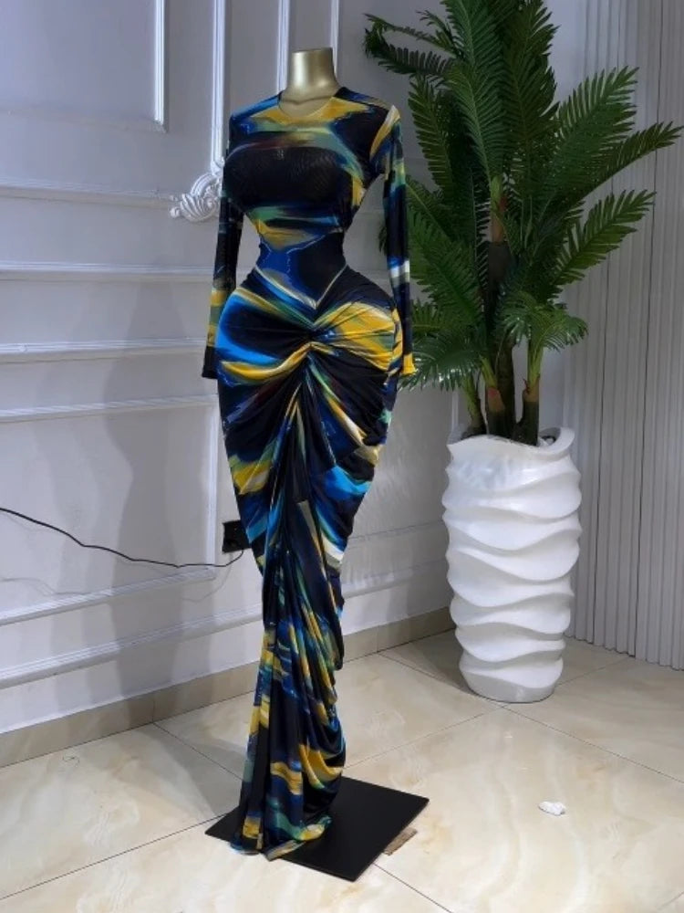 Tie Dye Ruched Bodycon Maxi Dress – Long Sleeve Floor-Length Vacation Dress
