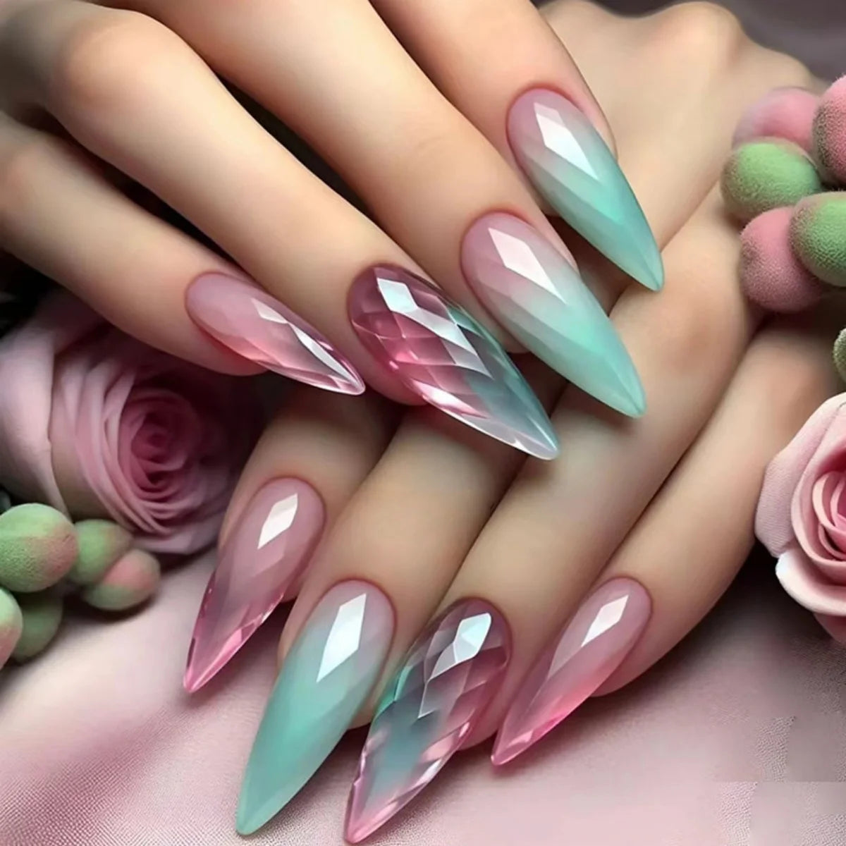 Nude Flower Rhinestone Stiletto Press-On Nails - Almond