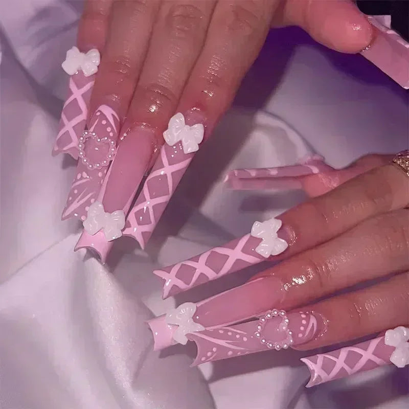 Pink Butterfly Glitter Press-On Nails - French Ballet