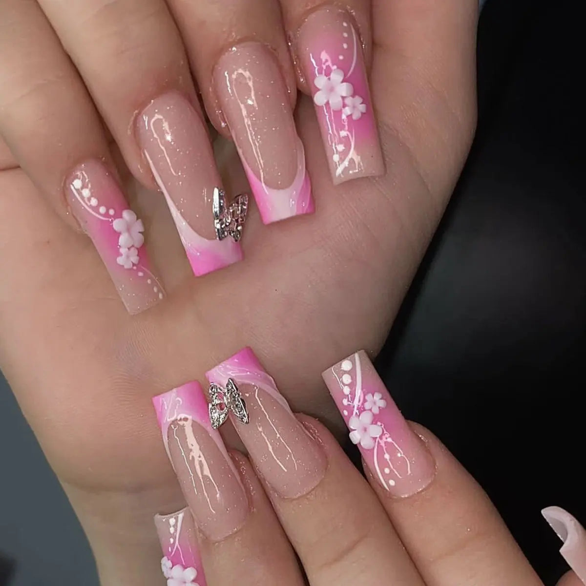 Pink Butterfly Glitter Press-On Nails - French Ballet