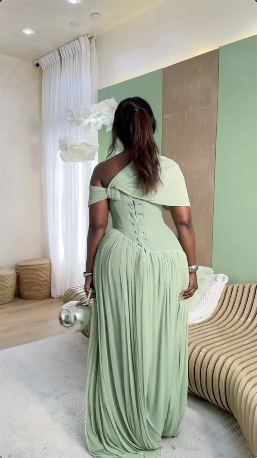 Sage Green One-Shoulder Ruched A-Line Maxi Dress