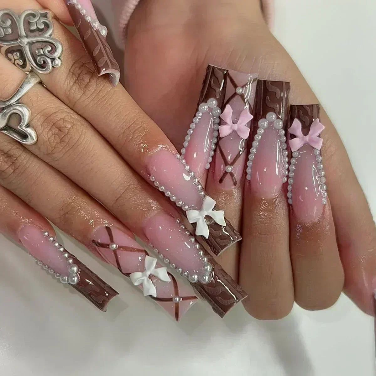 Pink Butterfly Glitter Press-On Nails - French Ballet