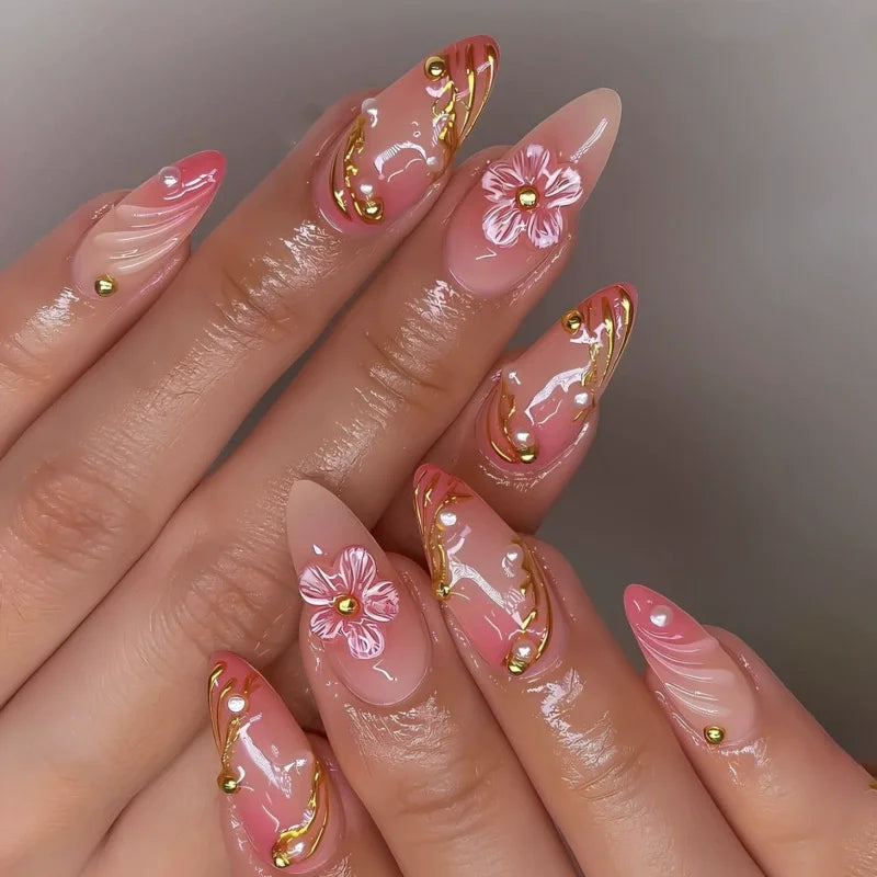 3D Love Glitter Pink Almond Press-On Nails (24pcs)