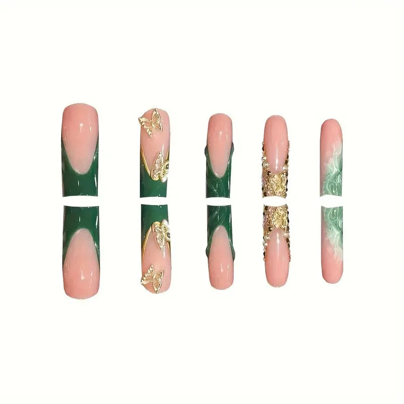 Diamond & Gold Butterfly Press-On Nails – 24pcs Long Elegant Acrylic