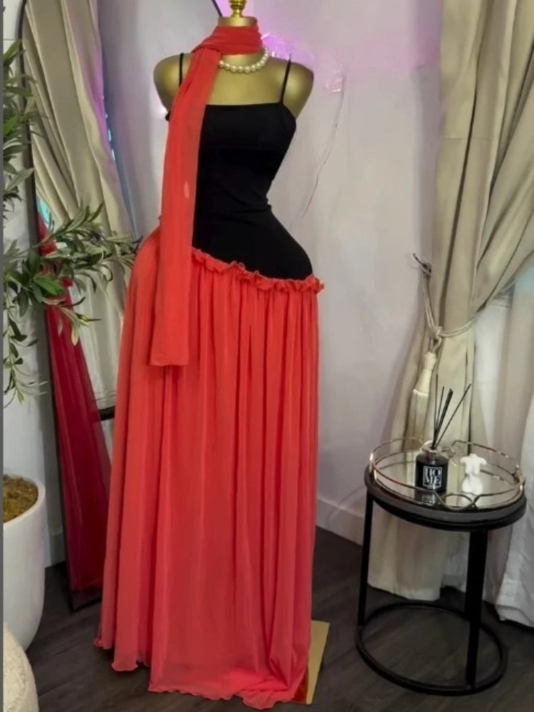 Patchwork Ruffle Strap A-Line Maxi Dress with Scarf