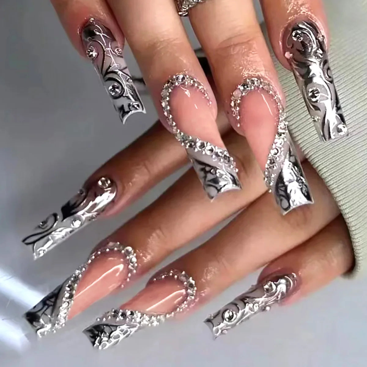 White French Diamond Flower Press-On Nails - Coffin Ballerina