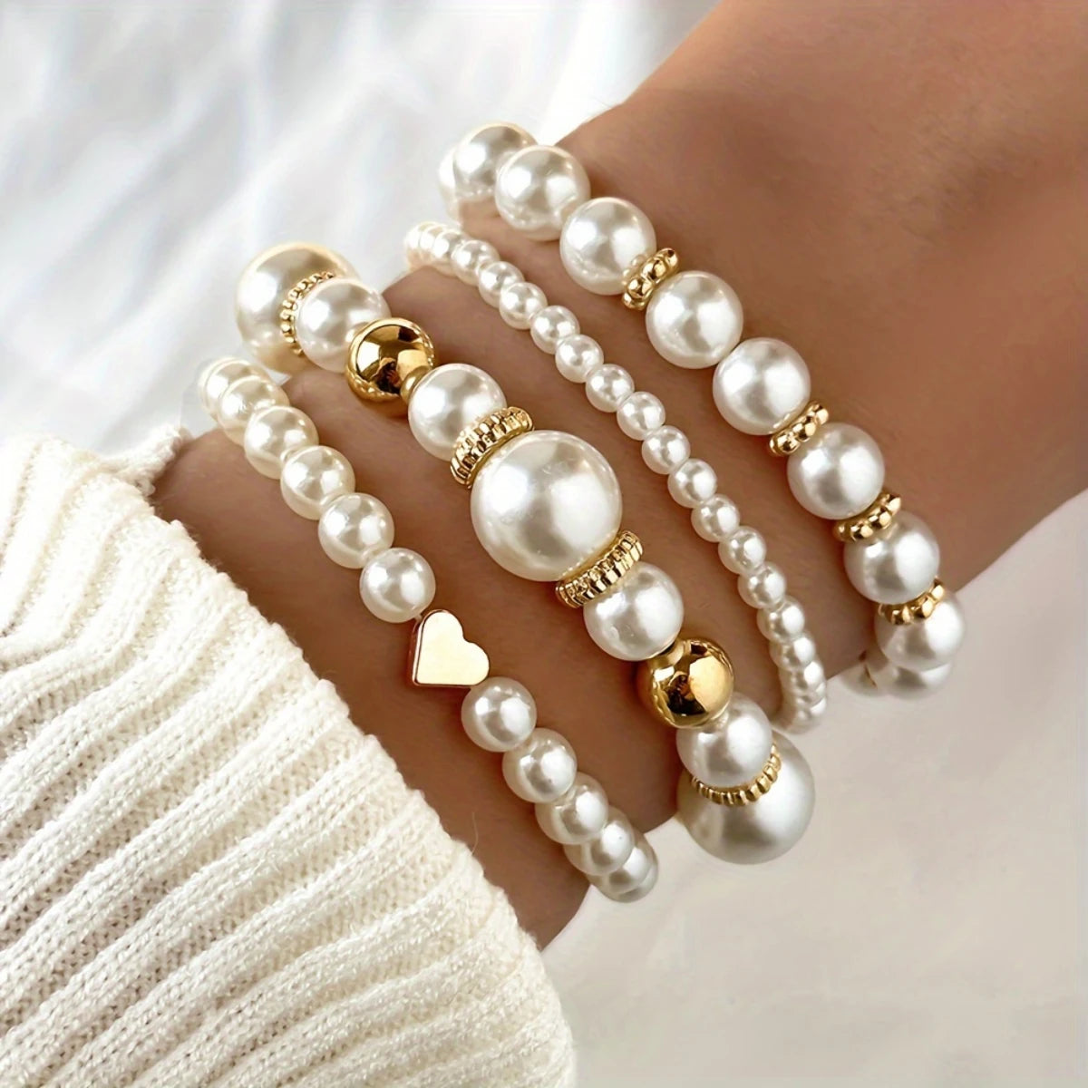 Pearl Love Charm Bracelet Set – 4-Piece Stacking Set