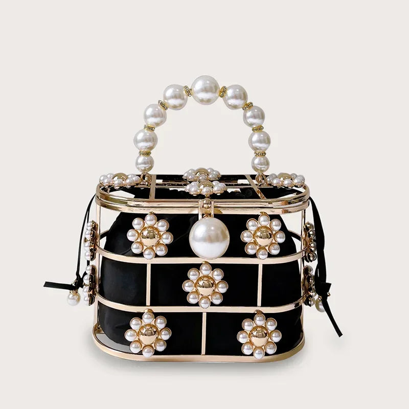 Luxe Pearl & Diamond Metallic Evening Bag