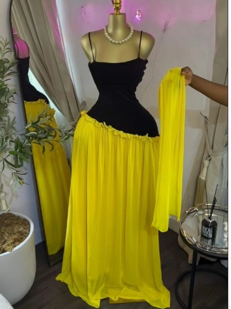 Patchwork Ruffle Strap A-Line Maxi Dress with Scarf